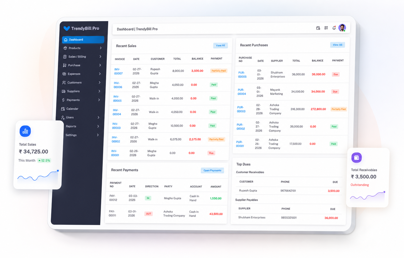 Trendy Bill Pro software dashboard preview